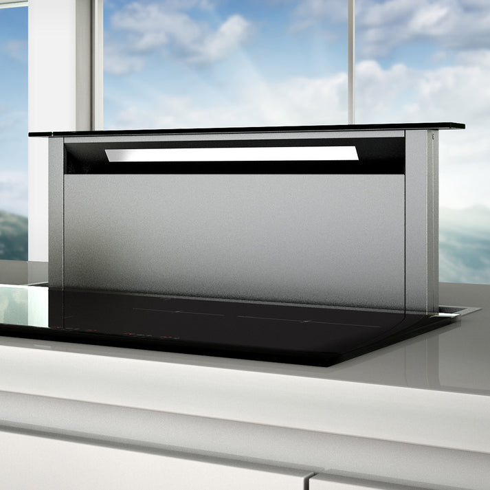 1180mm Downdraft Rangehood Black Glass Fascia & Stainless Steel Trim